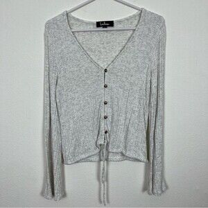 Lulu's Button Down Sweater with Drawstring Tie Front- Gray- Size Small